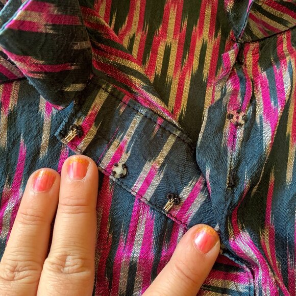 Vtg Y2K Ikat Blouse Sz S Dupioni Silk Handmade Multi Color Black Fuchsia Artsy - Picture 6 of 6